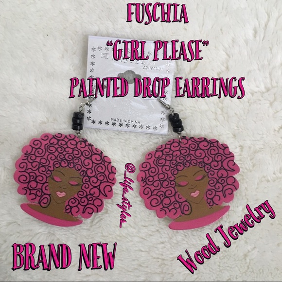 Jewelry - ⬇️$22 Unique Fuschia “Girl Please”Wood Earrings